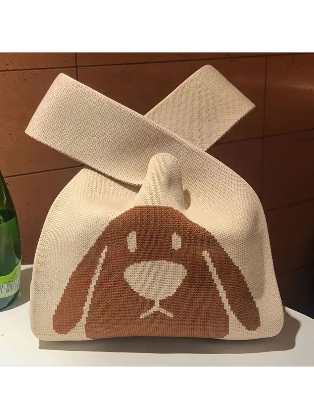 Heavy Woven Knit Doggo Pattern Tote Purse Bag Japanese Knot Closure Style